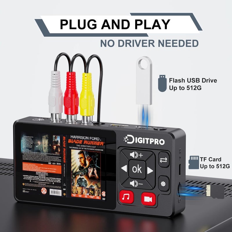 DigitPro Store محول VHS إلى رقمي 2.0، مسجل فيديو رقمي عالي الدقة مع جهاز تحكم عن بعد، تحويل تسجيل الفيديو والصوت التناظري من VHS/VCR، DVR/DVD/Hi8/مشغلات Mini DV/كاميرا الفيديو إلى رقمي (تحتاج إلى مشغلات) - Image 4